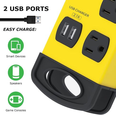 Digital Energy 8 Outlet Metal Surge Protector Power Strip with 2 USB Ports, 1960 Joules, Built in Cord Management, 6-Ft Extension Cord (14AWG), Yellow in Saudi Arabia