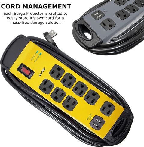 Digital Energy 8 Outlet Metal Surge Protector Power Strip with 2 USB Ports, 1960 Joules, Built in Cord Management, 6-Ft Extension Cord (14AWG), Yellow in Saudi Arabia