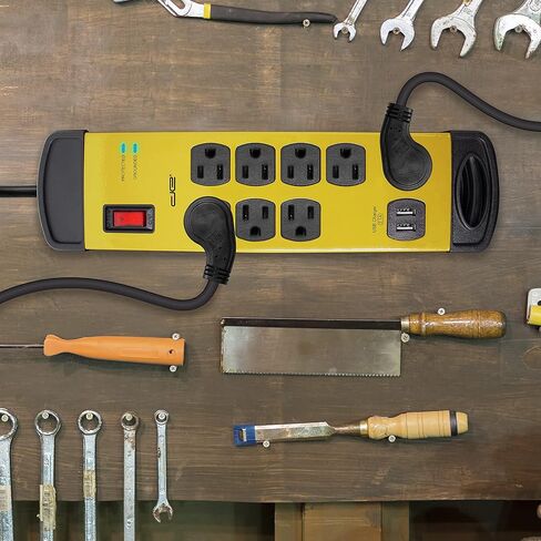 Digital Energy 8 Outlet Metal Surge Protector Power Strip with 2 USB Ports, 1960 Joules, Built in Cord Management, 6-Ft Extension Cord (14AWG), Yellow in Saudi Arabia