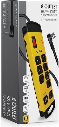 Digital Energy 8 Outlet Metal Surge Protector Power Strip with 2 USB Ports, 1960 Joules, Built in Cord Management, 6-Ft Extension Cord (14AWG), Yellow in Saudi Arabia