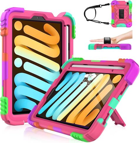 LTROP iPad Mini 6 Case 2021, iPad Mini 6th Generation Case for Kids, Heavy Duty Shockproof Cover with Pencil Holder/360 Rotating Stand/Hand Strap for iPad Mini 6th Generation 8.3 Inch 2021, Aqua Teal in Saudi Arabia