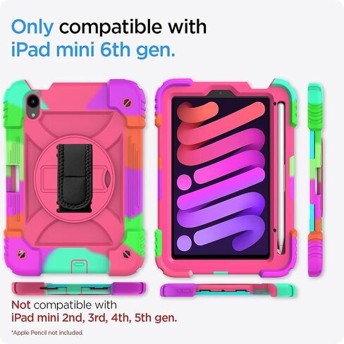 LTROP iPad Mini 6 Case 2021, iPad Mini 6th Generation Case for Kids, Heavy Duty Shockproof Cover with Pencil Holder/360 Rotating Stand/Hand Strap for iPad Mini 6th Generation 8.3 Inch 2021, Aqua Teal in Saudi Arabia