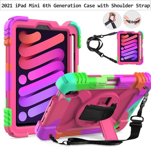 LTROP iPad Mini 6 Case 2021, iPad Mini 6th Generation Case for Kids, Heavy Duty Shockproof Cover with Pencil Holder/360 Rotating Stand/Hand Strap for iPad Mini 6th Generation 8.3 Inch 2021, Aqua Teal in Saudi Arabia
