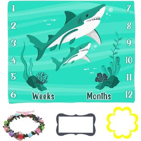 Baby Monthly Milestone Blanket, Green Ocean Shark Animal Baby Growth Chart Blanket Baby Age Blanket, 48x40 Inch Baby Shower Photo Backdrop Baby Receiving Blanket BTLSLY403