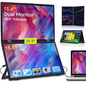Triple Laptop Screen Extender 15.6'' 1080P HD IPS Stacked Folding Dual Monitors 360° Rotation Plug & Play Portable Monitor for Laptop Compatible with Mac, Windows, VESA Mountable