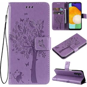Samsung Galaxy A13 5G Wallet Case - Love Tree Cat Embossed PU Leather Flip Cover with Card Slots & Kickstand - Light Purple