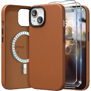 SURPHY Designed for iPhone 15 Plus Leather Case with Screen Protector Compatible with MagSafe, Faux Leather Case (Metallic Buttons & Microfiber Lining) for 15 Plus 6.7 inch 2023, Brown