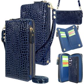 Harryshell Compatible with Samsung Galaxy S24+ Plus 5G Case Wallet Detachable Phone Cover Dual Zipper [11 Card Slots] with [Theft-Scan Blocking] Crossbody Wrist Strap (Crocodile Grey)