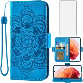 Asuwish Compatible with Samsung Galaxy S22 5G Wallet Case Tempered Glass Screen Protector Leather Flip Credit Card Holder Stand Cell Accessories Phone Cover for Gaxaly S 22 22S G5 Women Men Light Blue