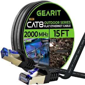 GearIT Cat 8 Outdoor Flat Ethernet Cable (15ft, Black) Direct Burial Rated LLDPE Jacket - Indoor Cat8 Shielded FTP 2000Mhz 40Gbps High Speed Gaming Computer Network RJ45 Snagless Patch Cord Internet