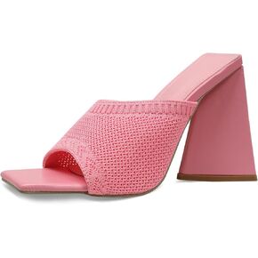 GATUXUS Women's Chunky High Heel Slide Sandals Square Open Toe Knit Breathable Slip On Mule Sandals Shoes