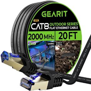 GearIT Cat 8 Outdoor Flat Ethernet Cable (20ft, Black) Direct Burial Rated LLDPE Jacket - Indoor Cat8 Shielded FTP 2000Mhz 40Gbps High Speed Gaming Computer Network RJ45 Snagless Patch Cord Internet