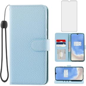 Asuwish Phone Case for OnePlus 7T with Tempered Glass Screen Protector and Wallet Cover Card Holder Slot Stand Cell Accessories Flip OnePlus7t 5G One Plus7T 1 Plus T7 1plus + 1+ 1+7T Women Men Blue
