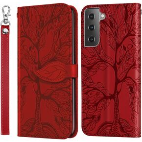 for Samsung Galaxy S21 FE 5G Wallet Case, Embossed Tree Premium PU Leather [Kickstand] [Card Slots] [Wrist Strap] [6.4 inch] Phone Cover for Samsung S21 FE (B1-Blue)
