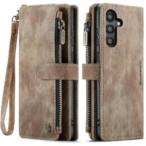 UEEBAI Wallet Case for Samsung Galaxy A35 5G, Premium Handmade PU Leather Phone Case Card Slots Magnetic Closure Zipper Pocket Kickstand Flip Case with Hand Strap - Vintage Red