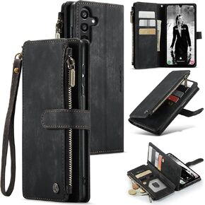 UEEBAI Wallet Case for Samsung Galaxy A35 5G, Premium Handmade PU Leather Phone Case Card Slots Magnetic Closure Zipper Pocket Kickstand Flip Case with Hand Strap - Vintage Red
