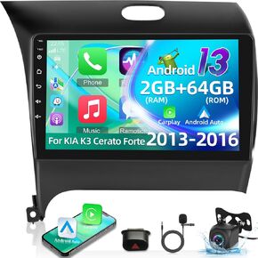 [2+64G] Android 13 Car Radio for 2013-2016 KIA K3 Cerato Forte Radio - Wireless Carplay & Android Auto - 9 inch HD Touch Screen EQ Audio- Voice Control/GPS/Mirror Link/WiFi/SWC+ AHD Backup Camera