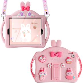 WESADN for iPad 5 6th Generation Case iPad Pro 9.7 for Kids Girls with Screen Protector Shoulder Strap Kickstand Cute Dolls Rabbit Silicone Full Body Protective Tablet Cover for iPad Air 2/1 Pink