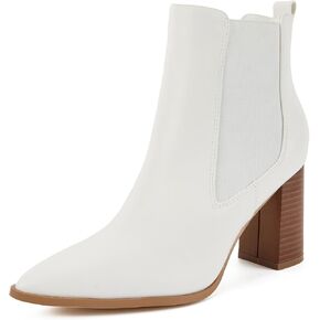 Putu Women's Pointed Toe Ankle Boots Chunky Heel Chelsea Boots Pull on Heeled Booties with Elastic Gore