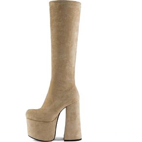 Outer waterproof platform boots, square toe thick heel with ankle straps, side zippered elastic apricot high boots