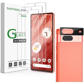 amFilm (3+1 Pack 3 Pack Tempered Glass Screen Protector for Google Pixel 7a, with 1 Pack Camera Lens Protector, 0.33mm Thickness, HD Clear, Anti-Scratch Bubbles-Free