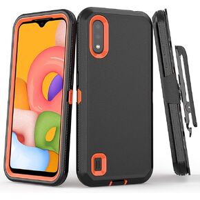 Phone Case for Samsung Galaxy A01 Phone, Heavy Duty Hard Shockproof Armor Protector Case Cover with Belt Clip Holster for Samsung A01 Phone Case (Black+Orange)