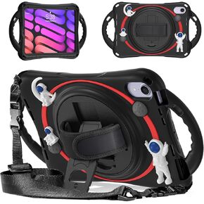 BATYUE iPad Mini 6 Case - Cute Astronaut Protective Case for Apple 2021 iPad Mini (6th Generation) 8.3-inch with Rotating Stand (Kickstand)/ Pencil Holder/Carrying Strap/Hand Strap, for Kids - Black