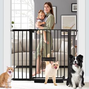 37 Inch Tall Baby Gate with Small Cat Door, Adjustable 29.55" and -46.06",Auto Close Dog Gate Pet Gate Easy Walk Thru Pet Door for Stairs, Doorway, House, Pressure Mounted Safety Child Gate
