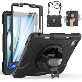 Case for iPad Air 11 Inch 2024: Military Grade Full-Body Protective Cover Case for iPad Air 11 - Rotating Stand - Hand/Shoulder Strap, Black