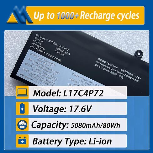 L17C4P72 Laptop Battery Replacement for Lenovo ThinkPad X1 Extreme 1st Gen/2nd Gen ThinkPad P1 1st/2nd Gen Series L17M4P72 01AY968 01AY969 L18M4P71 01YU911 5B10V98091 SB10Q76929 SB10Q76928 in Kuwait