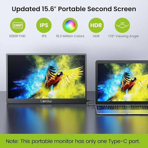 Lepow Portable Monitor, 15.6" Portable Screen with 1080P FHD, IPS, HDR, Full-Function Type-C, Plug & Play, Smart Cover, Lightweight External Monitor for Laptop w/Full-featured USB-c Port, PC, Macbook in Saudi Arabia