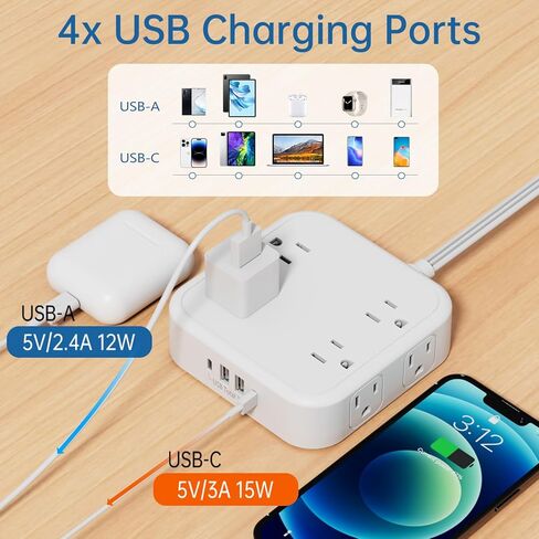 شريط طاقة 12 في 1 مع USB، سلك تمديد مسطح رفيع للغاية بطول 5 أقدام مع 8 منافذ تيار متردد، 2 شاحن USB A و2 USB C، 1250 وات، موسع 3 منافذ جانبية للمنزل والمكتب وأساسيات غرفة النوم in Kuwait