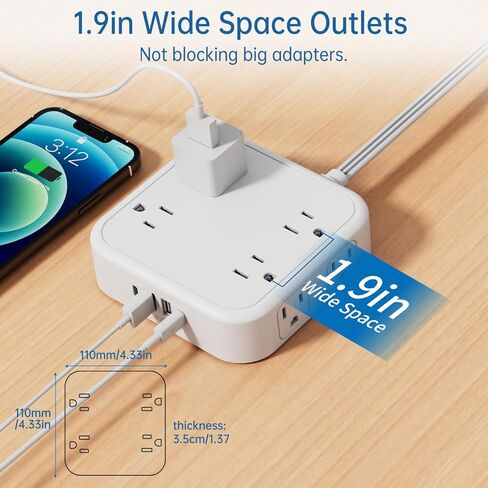 شريط طاقة 12 في 1 مع USB، سلك تمديد مسطح رفيع للغاية بطول 5 أقدام مع 8 منافذ تيار متردد، 2 شاحن USB A و2 USB C، 1250 وات، موسع 3 منافذ جانبية للمنزل والمكتب وأساسيات غرفة النوم in Kuwait