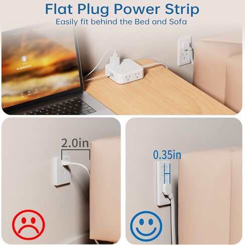 شريط طاقة 12 في 1 مع USB، سلك تمديد مسطح رفيع للغاية بطول 5 أقدام مع 8 منافذ تيار متردد، 2 شاحن USB A و2 USB C، 1250 وات، موسع 3 منافذ جانبية للمنزل والمكتب وأساسيات غرفة النوم in Kuwait
