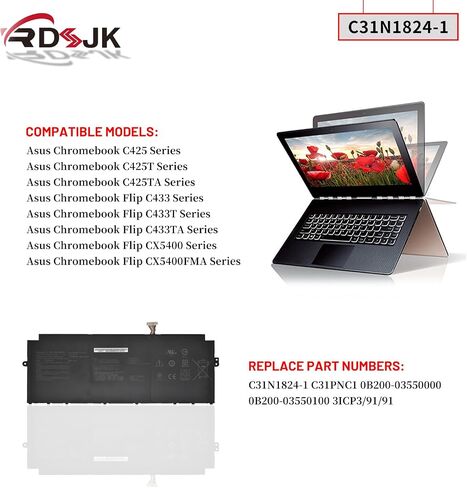 بطارية كمبيوتر محمول C31N1824-1 لجهاز Asus Chromebook Flip C425 C425T C425TA C433 C433T C433TA CX5400 CX5400FMA Z3400 C425TA-1A C425TA-AJ0028 C433TA-1A C433TA-AJ0005 C433TA-AJ0022 C433TA- YS344T 11.55 فولت 48 وات في الساعة in Saudi Arabia