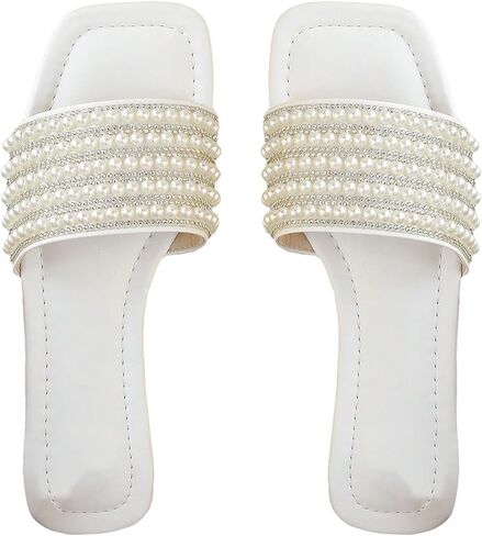 OYOANGLE Women's Pearl Bead Square Open Toe Slide Sandals Summer Indoor Outdoor Slip on Flat Sandals in Saudi Arabia