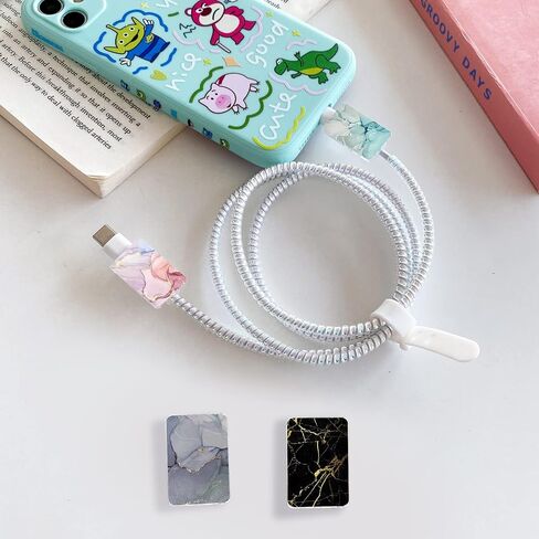 واقي كابل ملون لطيف لشاحن iPhone من النوع C، نمط طباعة رخامية فاخر من Kawaii مكون من 4 قطع مجموعة واقي كابل USB للنساء والفتيات، حامي سلك الشحن، أداة تقطيع الكابل، موفر شاحن USB in Saudi Arabia