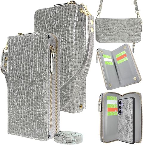 Harryshell Compatible with Samsung Galaxy S24+ Plus 5G Case Wallet Detachable Phone Cover Dual Zipper [11 Card Slots] with [Theft-Scan Blocking] Crossbody Wrist Strap (Crocodile Grey) in Saudi Arabia