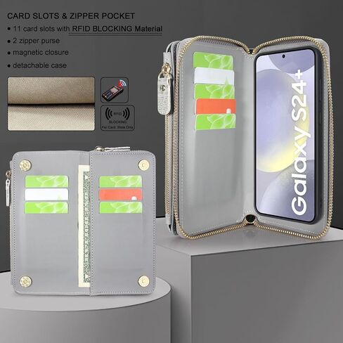Harryshell Compatible with Samsung Galaxy S24+ Plus 5G Case Wallet Detachable Phone Cover Dual Zipper [11 Card Slots] with [Theft-Scan Blocking] Crossbody Wrist Strap (Crocodile Grey) in Saudi Arabia