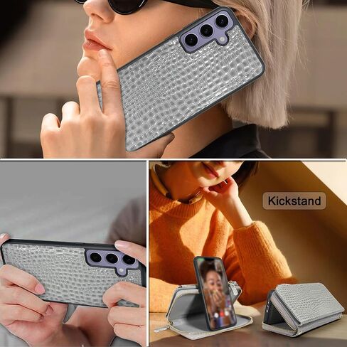 Harryshell Compatible with Samsung Galaxy S24+ Plus 5G Case Wallet Detachable Phone Cover Dual Zipper [11 Card Slots] with [Theft-Scan Blocking] Crossbody Wrist Strap (Crocodile Grey) in Saudi Arabia