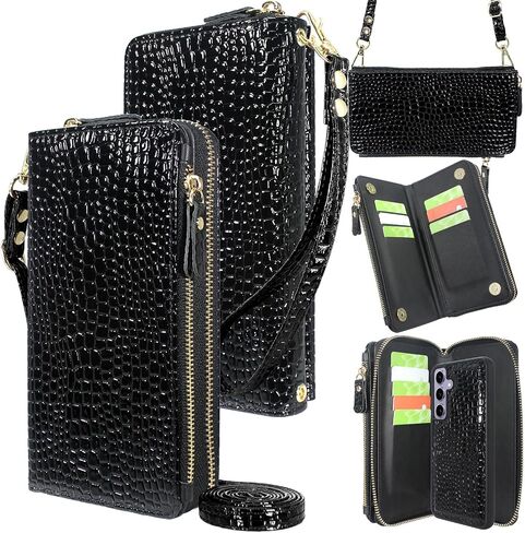 Harryshell Compatible with Samsung Galaxy S24+ Plus 5G Case Wallet Detachable Phone Cover Dual Zipper [11 Card Slots] with [Theft-Scan Blocking] Crossbody Wrist Strap (Crocodile Grey) in Saudi Arabia