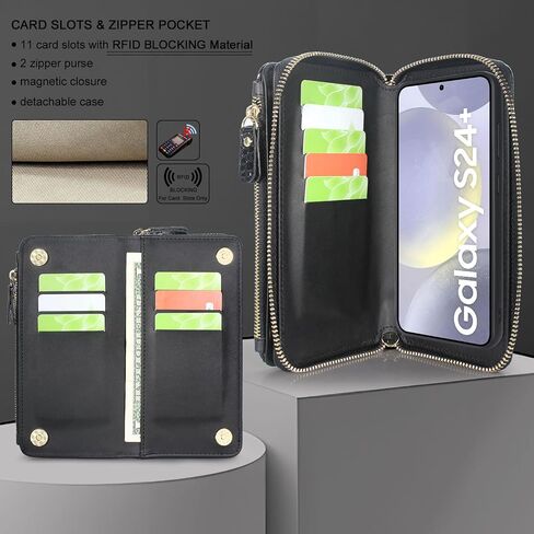 Harryshell Compatible with Samsung Galaxy S24+ Plus 5G Case Wallet Detachable Phone Cover Dual Zipper [11 Card Slots] with [Theft-Scan Blocking] Crossbody Wrist Strap (Crocodile Grey) in Saudi Arabia