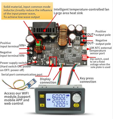 محول CNC DC باك، محول تنحي 20 أمبير 1200 وات مع متر، 6-70 فولت إلى 0-60 فولت، مصدر طاقة قابل للتعديل، وحدة تنحي، جهد إخراج ثابت تيار مستمر 5 فولت 9 فولت 12 فولت 24 فولت 36 فولت 48 فولت 60 فولت in Saudi Arabia
