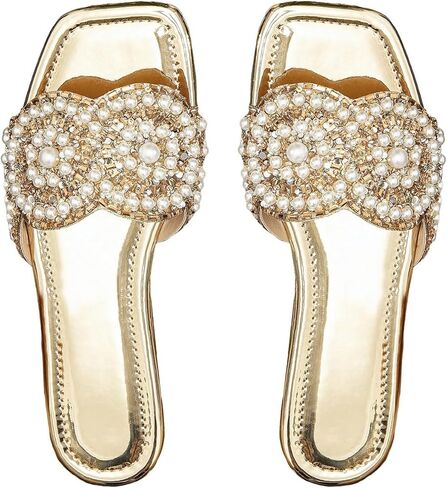 OYOANGLE Women's Metallic Pear Decor Flat Sandals Square Open Toe Slip on Dressy Slides in Saudi Arabia