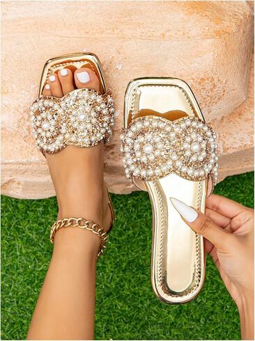 OYOANGLE Women's Metallic Pear Decor Flat Sandals Square Open Toe Slip on Dressy Slides in Saudi Arabia