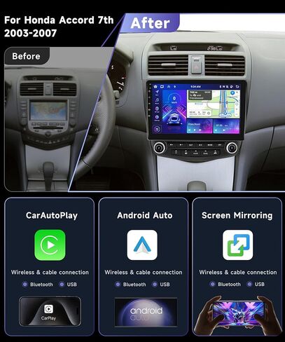 Podofo 8 Core 4G+64G Car Stereo Radio for Honda Accord 7th 2003-2007 with Wireless CarPlay Android Auto 10.1'' 1280 * 720P IPS Touch Screen BT 5.0 GPS FM/RDS WiFi/4G DSP/46 EQ AHD Backup Camera in Saudi Arabia
