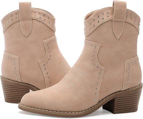YETIER Cowboy Boots for Women Embroidered Western Cowgirl Booties with Chunky Stacked Heel Pull-On Stitched Ankle Boots Side Zipper in Saudi Arabia
