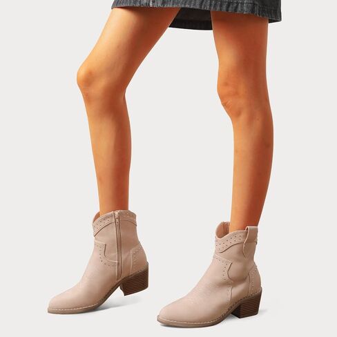 YETIER Cowboy Boots for Women Embroidered Western Cowgirl Booties with Chunky Stacked Heel Pull-On Stitched Ankle Boots Side Zipper in Saudi Arabia