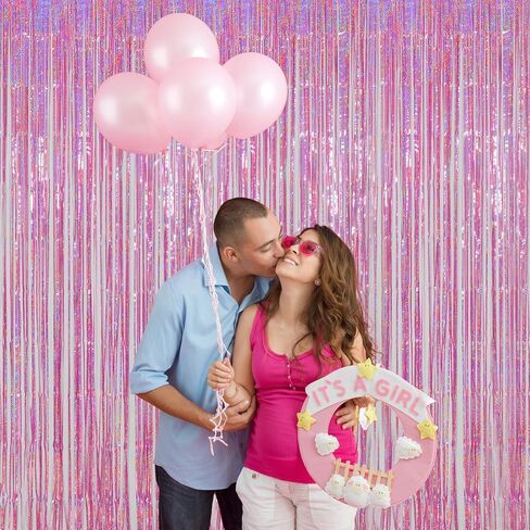 Melsan Pink Tinsel Curtain Valentine Day Party Decorations - 3.2ft X 8ft Foil Fringe Backdrop Party Decorations for Girls Birthday Princess Euphoria Theme Party Backdrop - 4 Packs in Kuwait