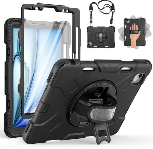 Case for iPad Air 11 Inch 2024: Military Grade Full-Body Protective Cover Case for iPad Air 11 - Rotating Stand - Hand/Shoulder Strap, Black in Saudi Arabia